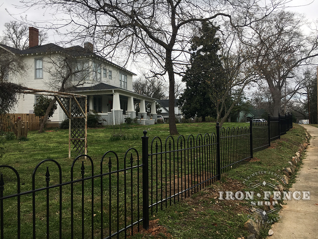 Custom 3ft Tall Iron Hoop and Picket Fence Stepped Down a Grade